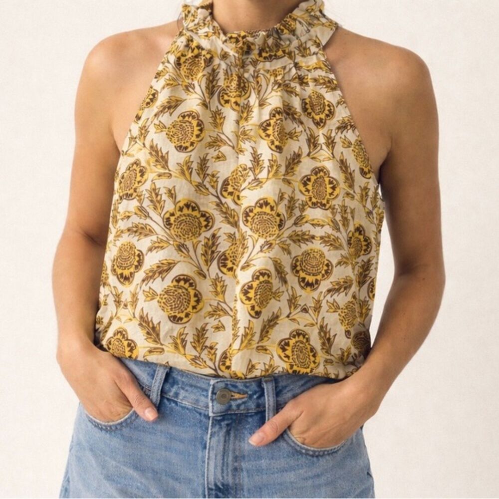 Nicole Miller Cream and Mustard Floral Halter Blouse